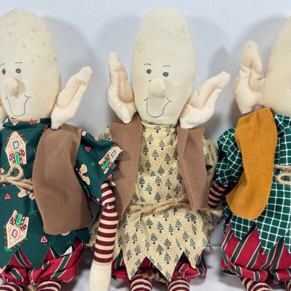 Vintage 3 Handmade Cloth Christmas Elf Dolls Shelf Sitter Rustic Holiday Decor - Picture 3 of 11